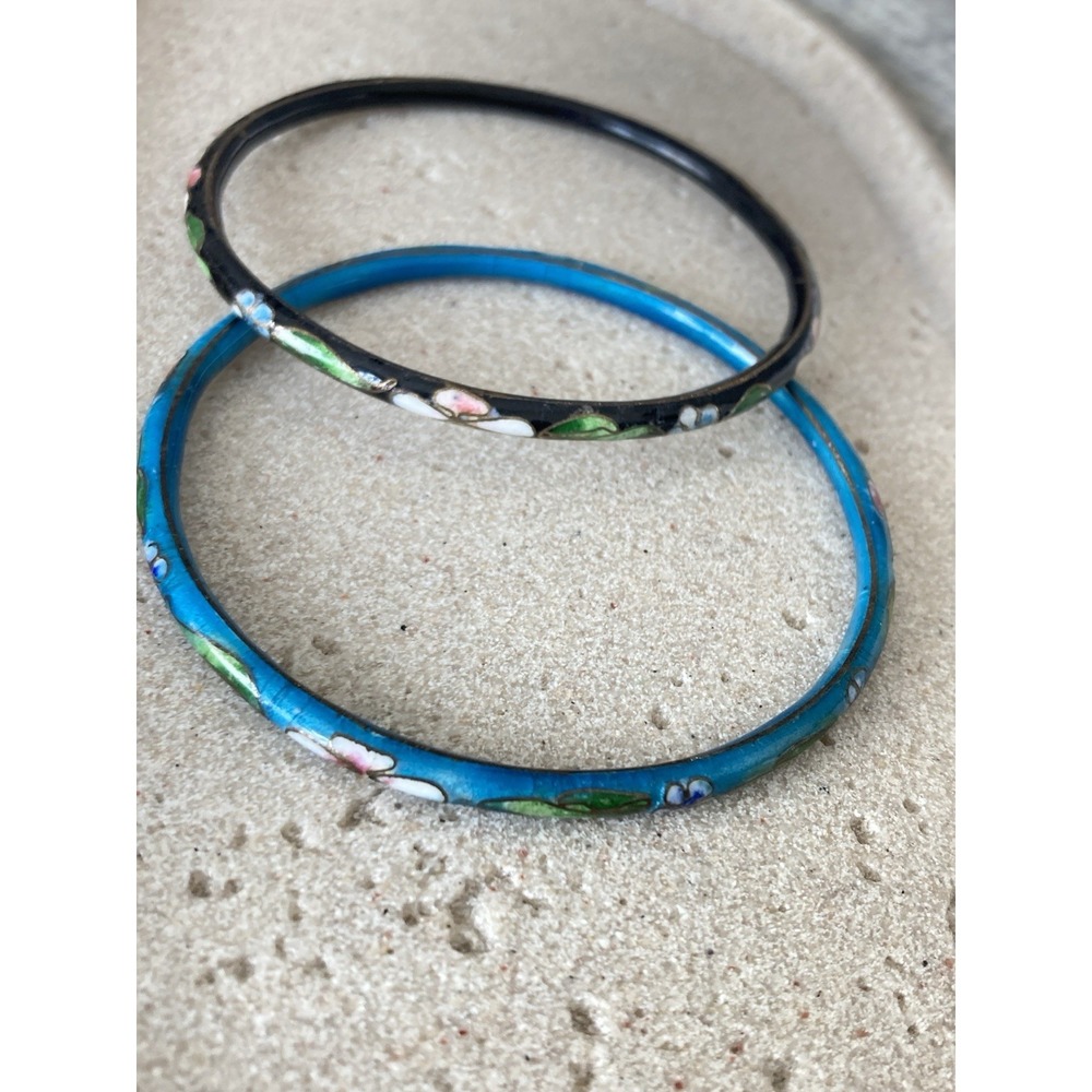Vintage Cloisonne Style Enamel Bangle Bracelets Set Blue Black Floral Gold‎ Tone